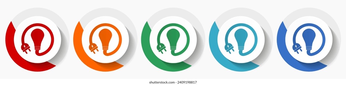 Bulb, innovación, conjunto de iconos de vectores de electricidad, iconos planos para el diseño de logotipos, diseño web y aplicaciones móviles, botones redondos coloridos