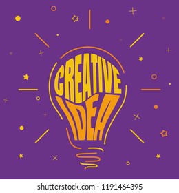 Bulb with the inscription "creative idea". Illustration in a flat style. Abstract stretched wavy font