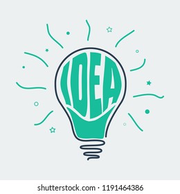Bulb with the inscription "idea". Illustration in a flat style. Abstract stretched wavy font