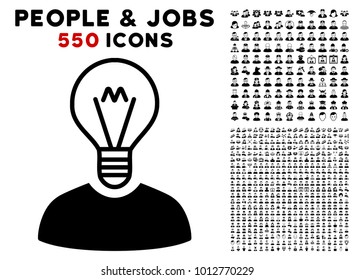 Bulb Inventor icon with 550 bonus pitiful and glad person pictograms. Vector illustration style is flat black iconic symbols.