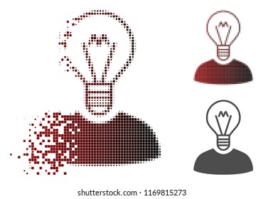Bulb inventor icon in dissolved, pixelated halftone and undamaged whole variants. Particles are combined into vector dispersed bulb inventor form.