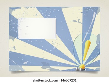 Bulb lamp with attention sign inside card. Vector illustration