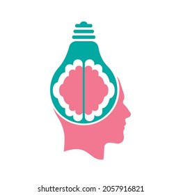 Bulb lamp and Brain in a man head.  Human head  brain and bulb lamp combination. 