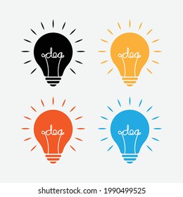 Bulb lamp with idea text inside in different color on light gray background.