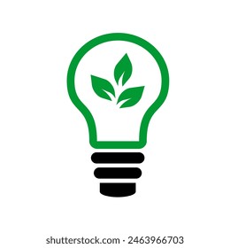 bulb lamp and leaf green black theme clip art or logo. can use to company social media and web posting renewable energy or green energy. Green ideas logo template