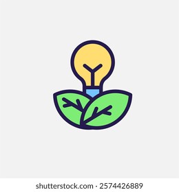 Bulb lamp and leaf icon flat, free energy, ecology, renewable and green energy concept. Outline and filled colourful icon.