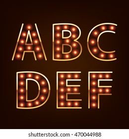 Bulb lamp neon letters abc vector illustration. Red lights with golden rim. Good for retro signboard poster banner flyer design.