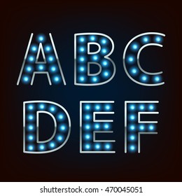 Bulb lamp neon letters abc vector illustration. Blue lights with silver rim. Good for retro signboard poster banner flyer design.