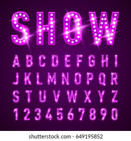 Bulb Lamp Neon Letters Abc Illustration. Magenta Lights. Good for Retro Signboard Poster Banner Flyer Design