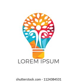 Bulb lamp and people tree logo design. Human health and care logo design. Nature idea innovation symbol.