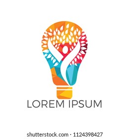 Bulb lamp and people tree logo design. Human health and care logo design. Nature idea innovation symbol.