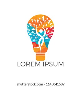Bulb lamp and people tree logo design. Human health and care logo design. Nature idea innovation symbol.