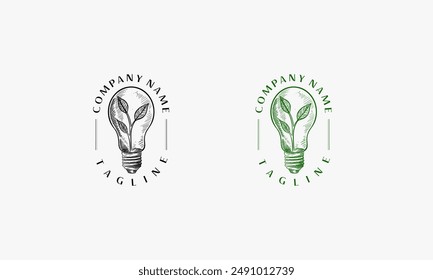 bulb lamp tree leaf flower branch idea think hipster vintage logo vector icon illustration, Green energy logo