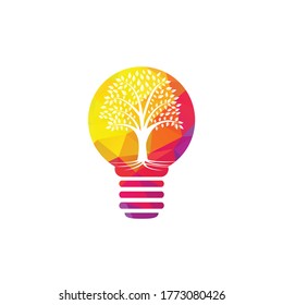 Lámpara de bombilla Diseño del logotipo del vector Raíces de árbol. Árbol brillante vectorial con elemento logotipo de raíces.