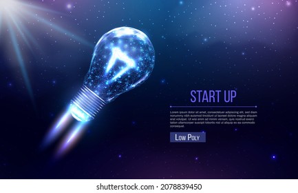 Bulb launch, wireframe polygonal style. Internet technology network, business startup concept with glowing low poly rocket. Futuristic modern abstract background. Vector illustration.