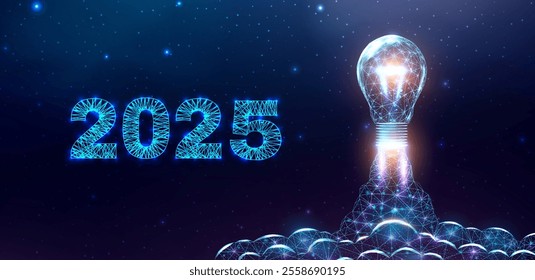 Bulb launch, wireframe polygonal style. 2025 start concept with glowing low poly rocket. Futuristic modern abstract background. Vector illustration.