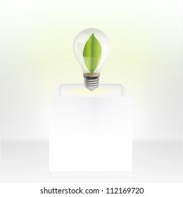 Bulb with leaf inside on a pedestal. Vector design.