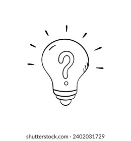Luz de bombilla en estilo doodle, ilustración vectorial. Icono de idea dibujada a mano, elemento aislado sobre fondo blanco. Símbolo gráfico de bombilla para impresión y diseño
