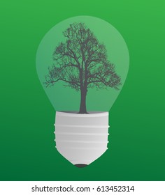 Bulb light with black tree inside on green background. Vector illustration