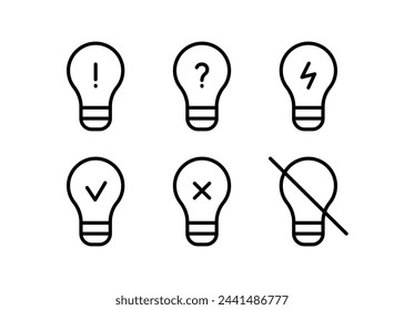 Luz de bombilla diferente, conjunto de iconos de línea. Símbolo de bombilla como signo de concepto de idea. Lámpara con contorno simple. Ilustración de vector