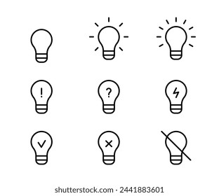 Bulb light different, line icon set. Light bulb symbol as idea concept sign. Lamp simple outline. Vector illustration