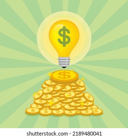 Bulb light with dollars signs in side floating above pille of golden coin, illustrator vector cartoon drawing