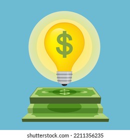 Bulb light with dollars signs in side floating on top of money stairss, illustrator vector cartoon drawing