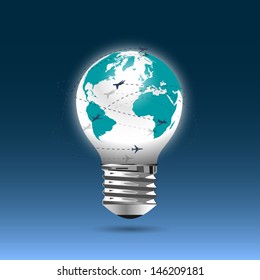 Bulb light - globe with flying planes. Conceptual vector