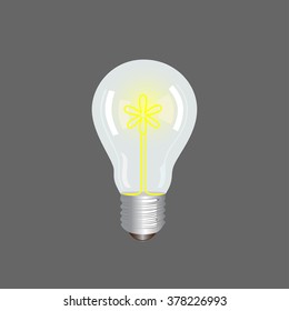 Bulb light with glowing flower inside on grey background.