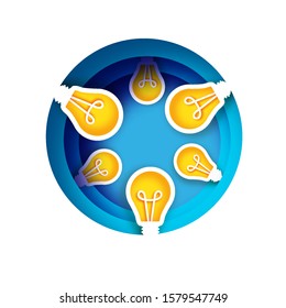 Bulb light idea in paper craft style. Origami bright Electric bulb for creativity, startup, brainstorming, business. Blue layered circle background.