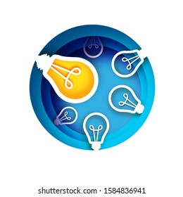 Bulb light idea in paper craft style. Origami bright Electric bulb for creativity, startup, brainstorming, business. Blue layered circle background. Vector.