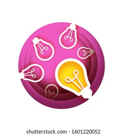 Bulb light idea in paper craft style. Origami bright Electric bulb for creativity, startup, brainstorming, business. Pink layered circle background.