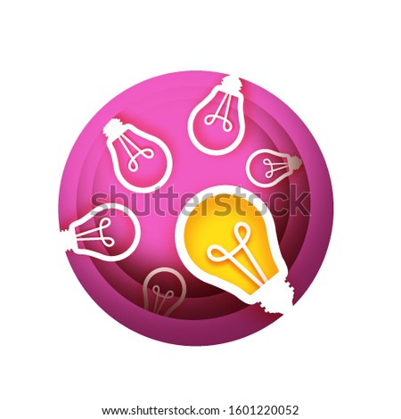 Bulb light idea in paper craft style. Origami bright Electric bulb for creativity, startup, brainstorming, business. Pink layered circle background.