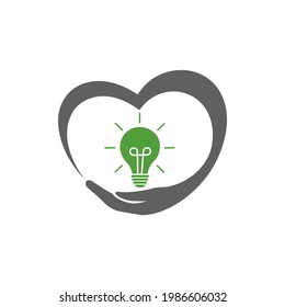 Bulb light inside heart hand. Green eco lamp. Vector icon illustration isolated on white