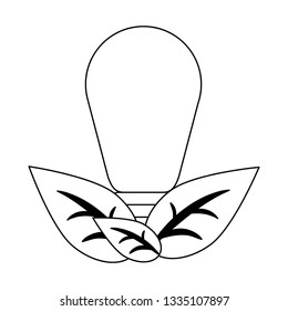 Bulb light with leaves symbol in black and white