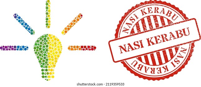 Bulb light mosaic icon of circle elements in various sizes and spectrum colored color tinges. Red round scratched seal imprint with Nasi Kerabu title. A dotted LGBT- colored bulb light for lesbians,