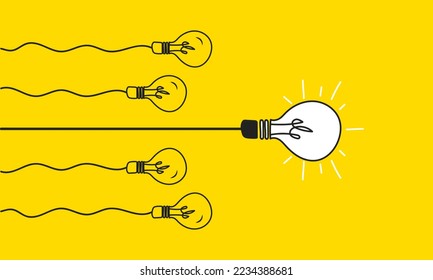 Bulb light on and others off behind. Concept of leadership and education. Creating good ideas