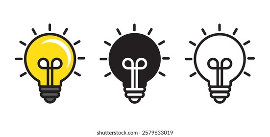 "Bulb Light" Symbol, Icon Set - (Yellow Black White Color). "Bulb Light"  Electric lamp, light, innovation, solution, creative thinking, electricity. Outline, flat, and colored style. Flat design.