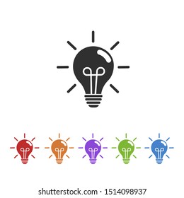 Bulb light vector icons set. Trendy flat vector light lamp icons with concept of idea on white background. Black and colorful bulbs