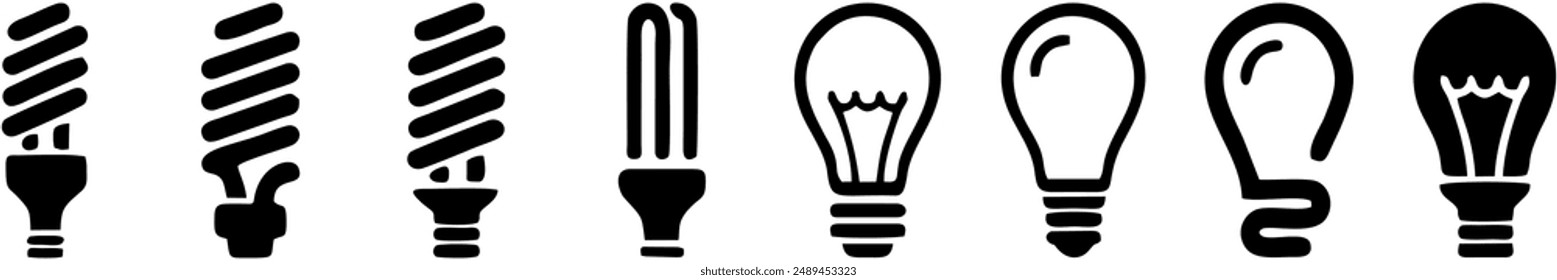 Conjunto de iconos vectoriales de luz de bombilla. icono de lámpara. Vector ligero de ahorro de energía. Iluminación Lámpara eléctrica símbolo de ilustración. Signo o logotipo de idea