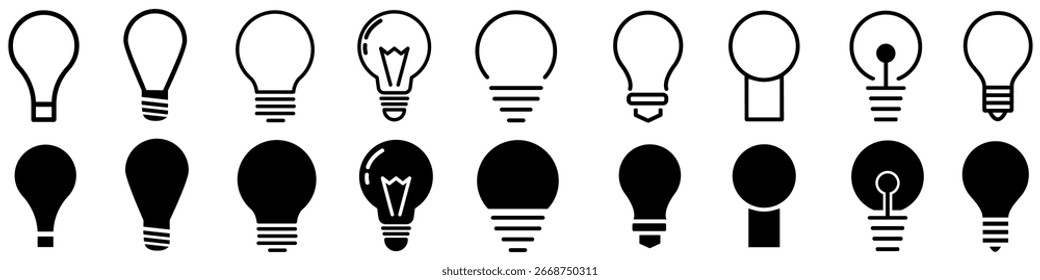 Ícones de vetor de luz de lâmpada definidos. ícone de lâmpada. Iluminação símbolo de ilustração da lâmpada elétrica. Sinal ou logotipo de ideia.
