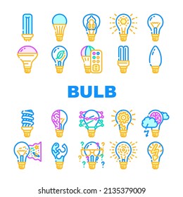 Elektrische Zubehörsymbole für Bulb-Beleuchtung setzen Vektorgrafik ein. Leuchtstofflampen und Halogenlampen, LED und Energie sparen Strom. Farbillustrationen für die elektrische Innovationstechnologie