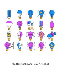 Iluminação de lâmpada elétrica acessório ícones definir vetor. Lâmpada Fluorescente E Halogênea, Led E Energia Economiza A Linha De Equipamentos Elétricos. Tecnologia de inovação elétrica cores Contorno Ilustrações