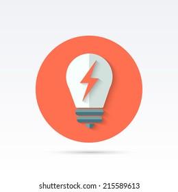Bulb with lightning symbol. Idea symbol. Circle flat button with shadow. Vector