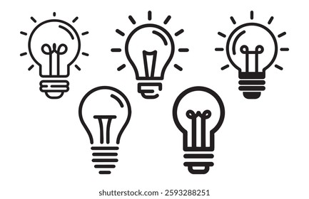 The bulb line icon set features a collection of idea bulb icons in a clean, flat style, modern stock vector design suitable for creativity, innovation, and energy concepts.
