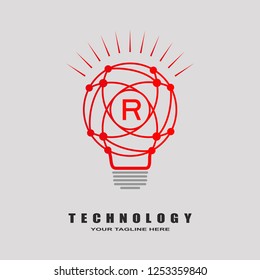 Bulb logo, bright lamp vector for business corporate, technology icon, sign, symbol, industrial emblem, bulb shape, light, illustration element, R,