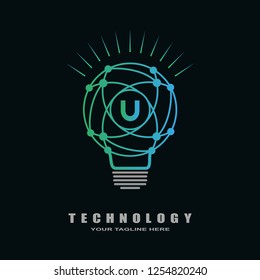 Bulb logo, bright lamp vector for business corporate, technology icon, sign, symbol, industrial emblem, bulb shape, light, illustration element, U,