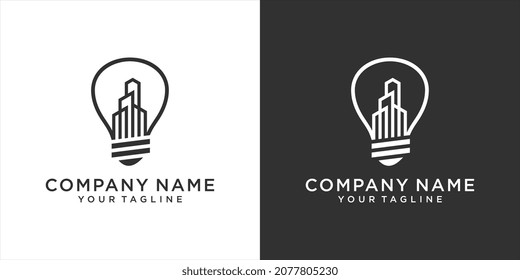Bulb logo icon design with building concept on black and white background.