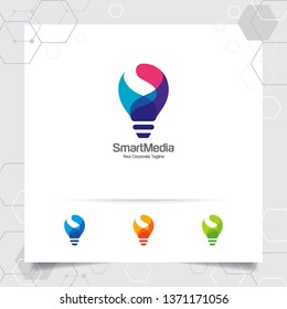 Bulb logo smart idea design concept of letter S symbol and colorful lamp vector icon. Smart idea logo used for studio, professional and agency.