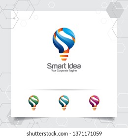 Bulb logo smart idea design concept of letter S symbol and colorful lamp vector icon. Smart idea logo used for studio, professional and agency.